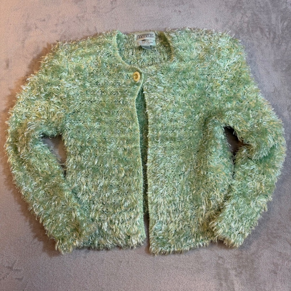 70s Vintage mod boho of California Seafoam Green Shaggy‎ Eyelash Knit Cardigan M
